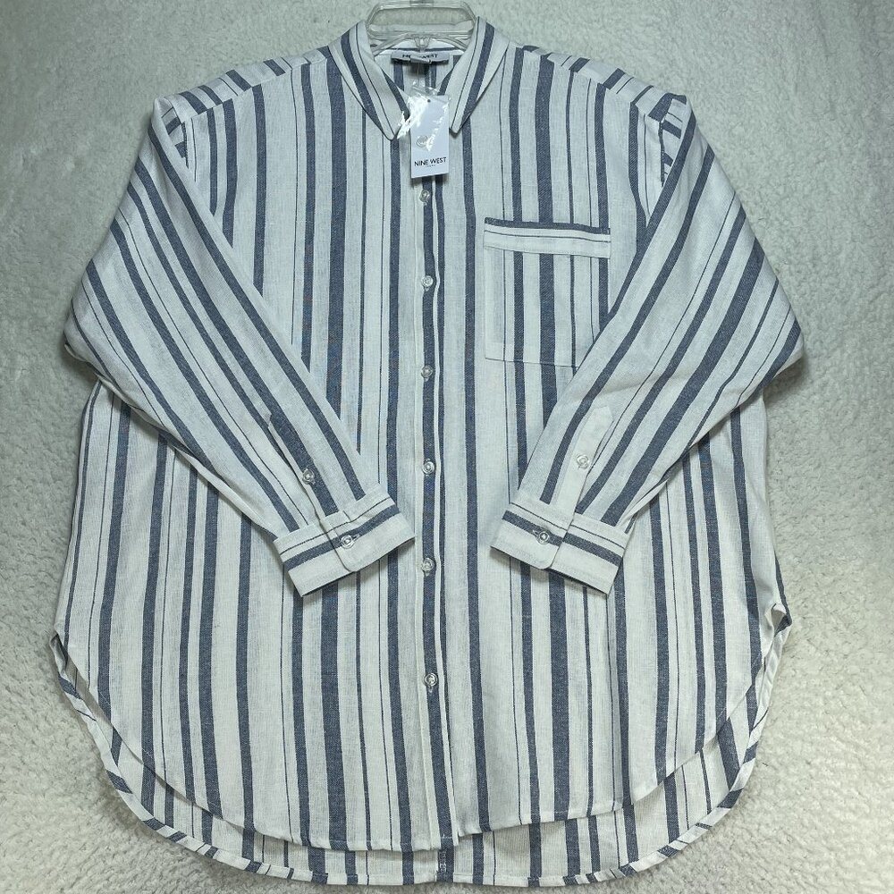 Nine West Linen Shirt Womens Medium Blue Woven Boho Button Up Stripe Top NWT